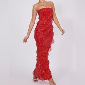 Oh Polly Red Strapless Polka Dot Dress